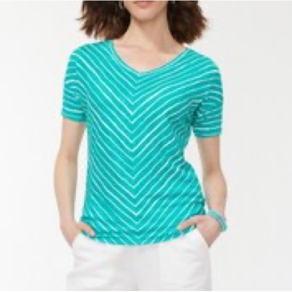 CHICO’s 100% Linen Stripe Easy V Neck Tee Green & White